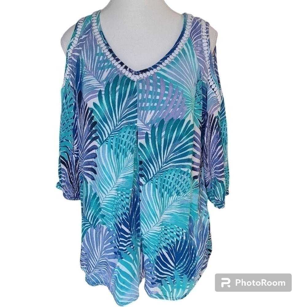 Nina Leonard Blue Palm Leaves Cut Out Shoulders Top Women's Size M